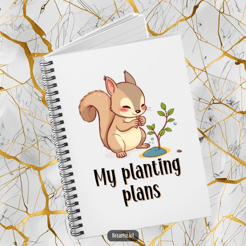 Funny notebook cover with a curious squirrel watering a small sapling, symbolizing careful planning and growth.