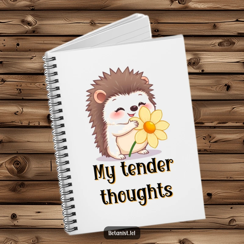 Funny notebook with a happy hedgehog gently hugging a flower, for writing.