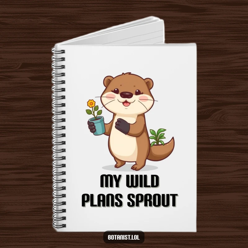 Funny otter in gardening gloves prances with a potted plant, inspiring creativity in this playful and humorous notebook.