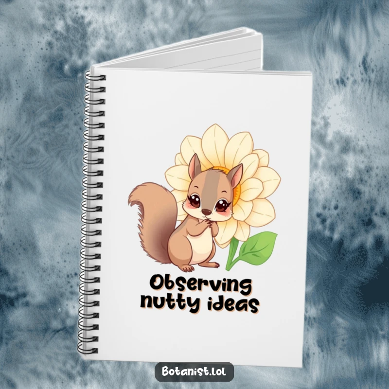 Funny squirrel flower notebook, a curious squirrel with wide eyes looking at a giant blooming flower, for notes and inspiration.