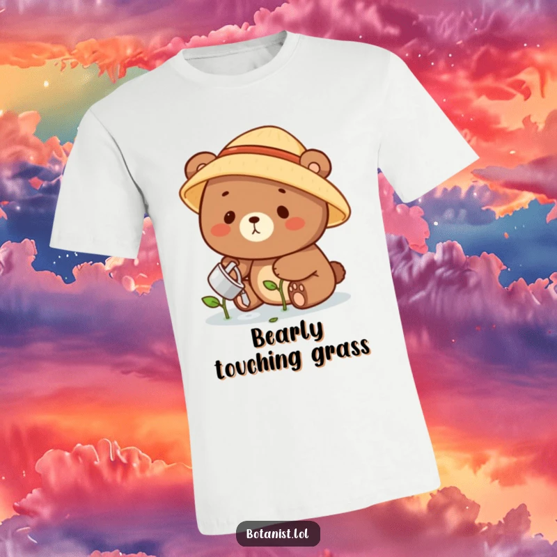Funny bear gardener t-shirt featuring a smiling bear in a straw hat gently watering a small, vibrant green sprout.