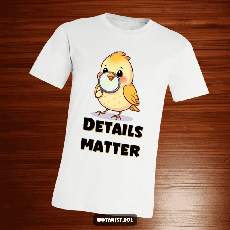 Funny bird using a magnifying glass to inspect a dewdrop, a humorous t-shirt for the observant.