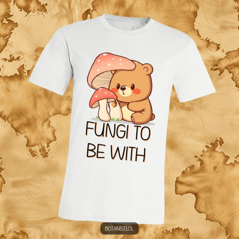 A surprised and curious bear marveling at a colossal mushroom, featured on this funny and adventurous t-shirt.