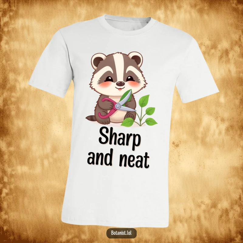 Funny badger with small shears carefully pruning a leaf, a charming t-shirt for garden enthusiasts.