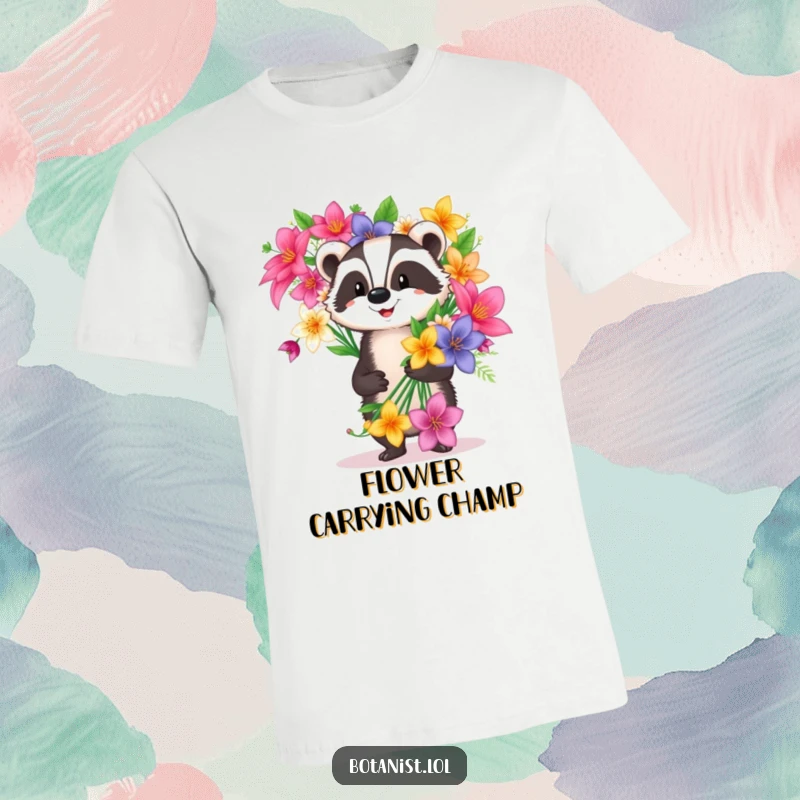 Funny happy badger t-shirt proudly carrying a large exotic flower bouquet, expressing joy and humor.