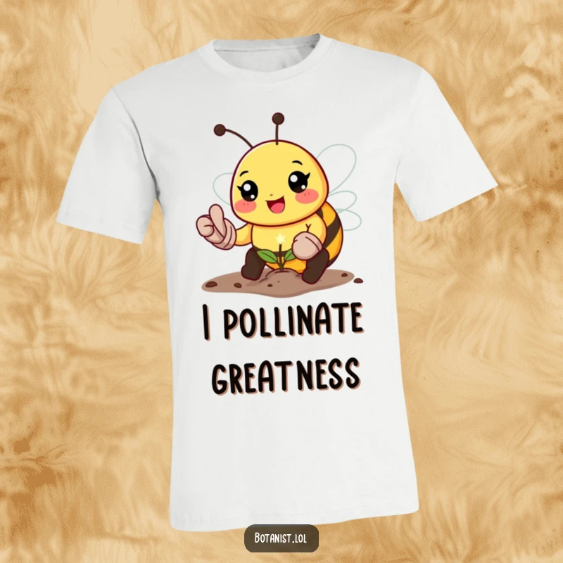 Funny bee gardener t-shirt, a happy bee wearing gloves, planting a sparkling seed, celebrating nature's joy.