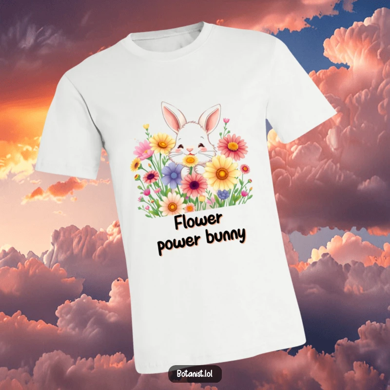 Funny t-shirt showing a fluffy bunny joyfully sniffing a bouquet of oversized, colorful wildflowers.