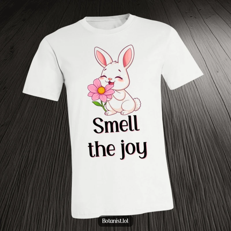 Funny t-shirt featuring a gleeful bunny with closed eyes, joyfully sniffing a huge, brightly colored flower.