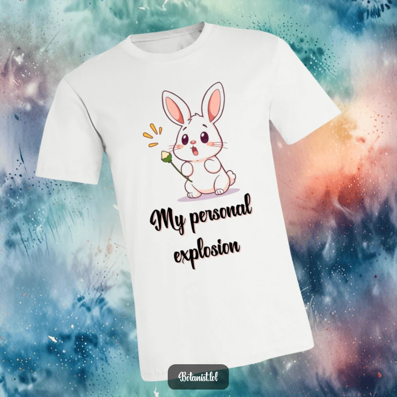Funny t-shirt with a wide-eyed, surprised bunny reacting hilariously to a seed pod that is bursting open, capturing a moment of shock.