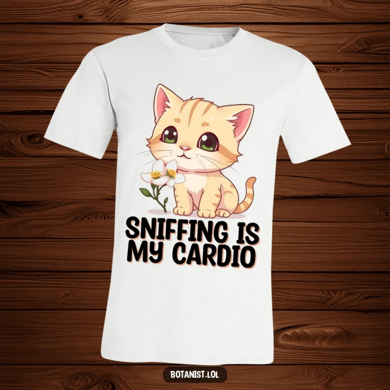 Funny t-shirt showcasing a curious cat intently sniffing a dewy blossom, eyes wide with amazement.