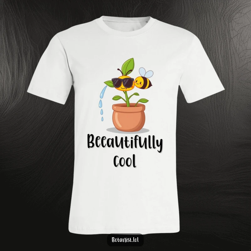 Funny t-shirt graphic of a happy plant wearing tiny sunglasses while a smiling bee waters it, exuding cool vibes.