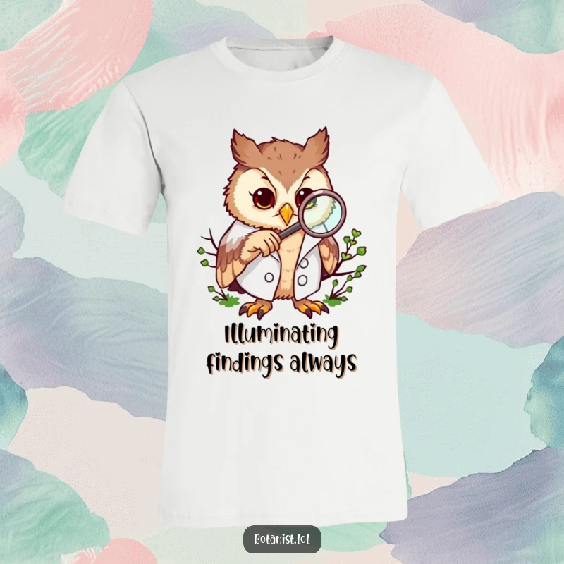 Funny t-shirt with a curious owl wearing a lab coat, examining moss intently with a magnifying glass.