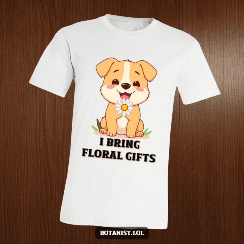 Funny Dog T-Shirt: A gleeful dog offers a perfect daisy with an eager wag, radiating unconditional love and sweet puppy charm.