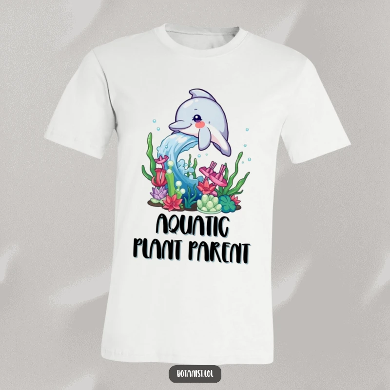 Funny Dolphin T-Shirt featuring a playful dolphin enthusiastically splashing water onto a vibrant arrangement of underwater aquatic plants.