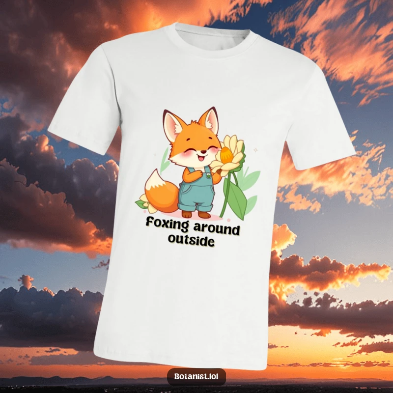 Funny fox gardener t-shirt featuring a cute fox in overalls looking amazed at a massive, vibrant flower.