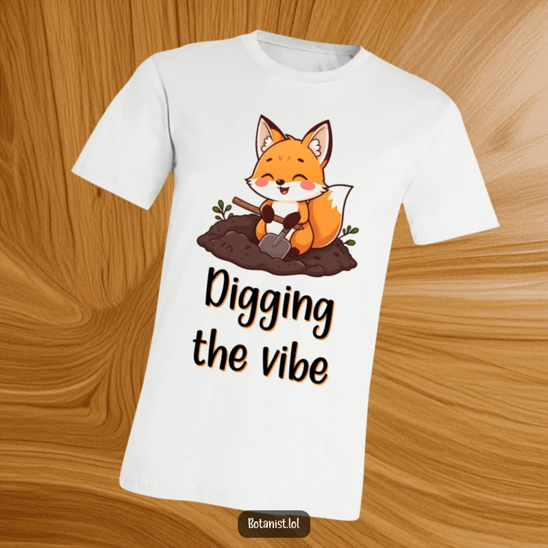 Funny fox gardener t-shirt, a joyful fox holding a trowel and digging in rich dark soil, celebrating outdoor fun.