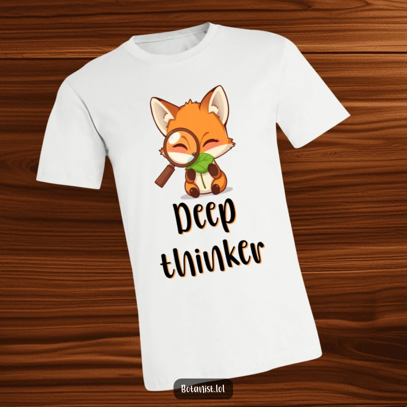 Funny t-shirt featuring a smart fox peering through a magnifying glass at a dewdropped leaf, highlighting observation and natural wonder.