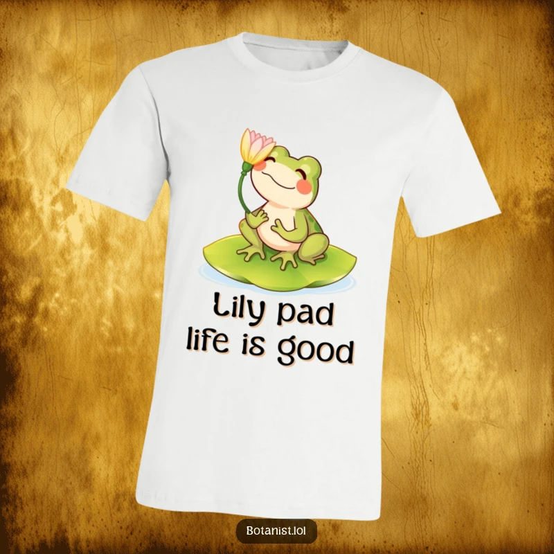 Funny t-shirt depicting a happy frog sitting peacefully on a lily pad, admiring a beautiful bloom.