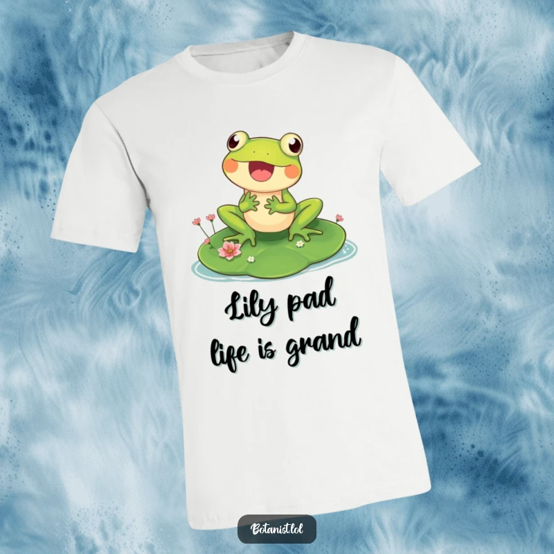 Funny t-shirt with a happy frog on a large lily pad, examining small flowers, capturing a moment of gentle observation.