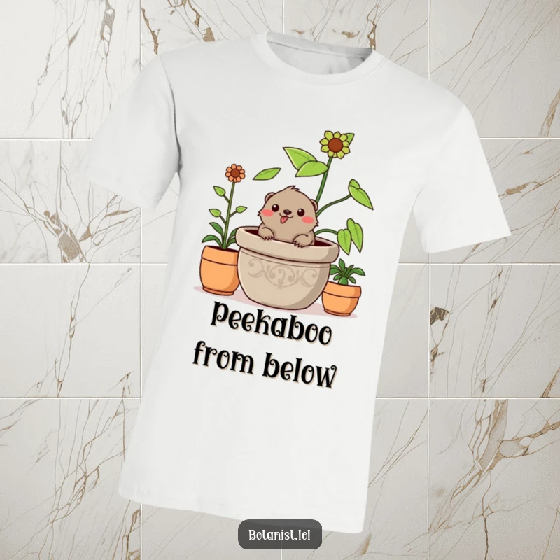 Funny cheerful mole t-shirt, popping head out of a giant plant, expressing garden delight and humor.