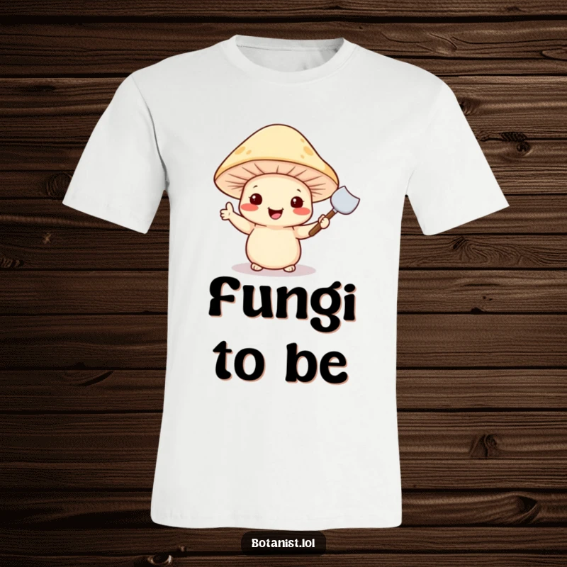 Funny t-shirt graphic of a cheerful mushroom sporting a hat and playfully waving a small trowel.