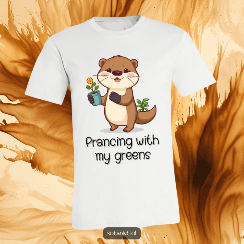 Funny otter in gardening gloves prances happily with a potted plant on this amusing and nature-themed t-shirt.