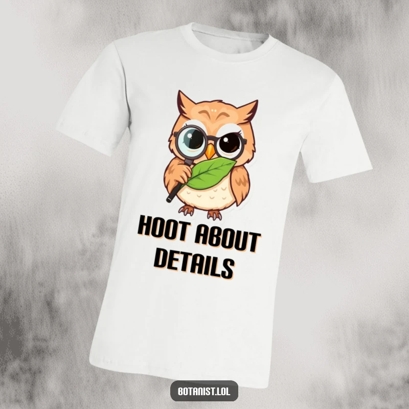 Funny owl detective t-shirt, a determined owl using a magnifying glass to examine a detailed leaf, showcasing intellect and wit.