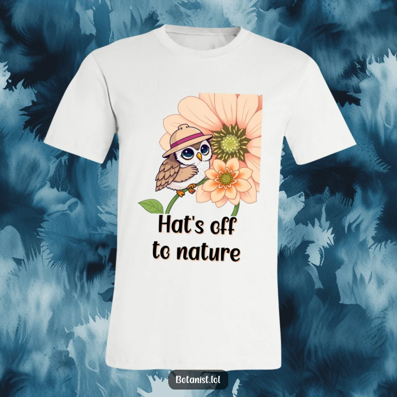 Funny t-shirt with a cute owl wearing a dapper hat, curiously observing a giant, colorful flower in full bloom, a funny gift.