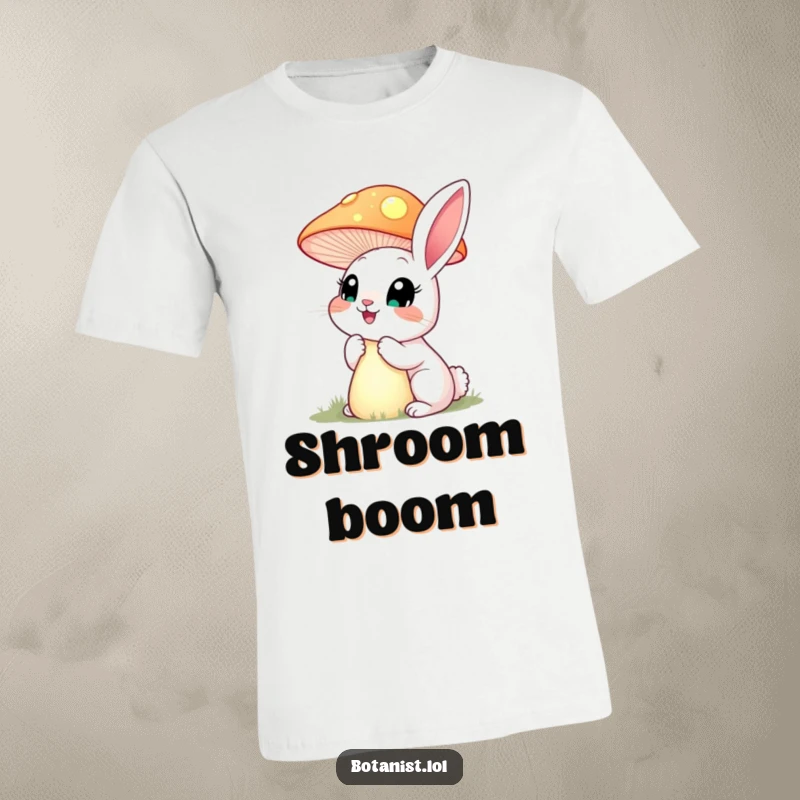 Funny happy rabbit with wide, amazed eyes, looking up at a giant, glowing mushroom on a t-shirt.