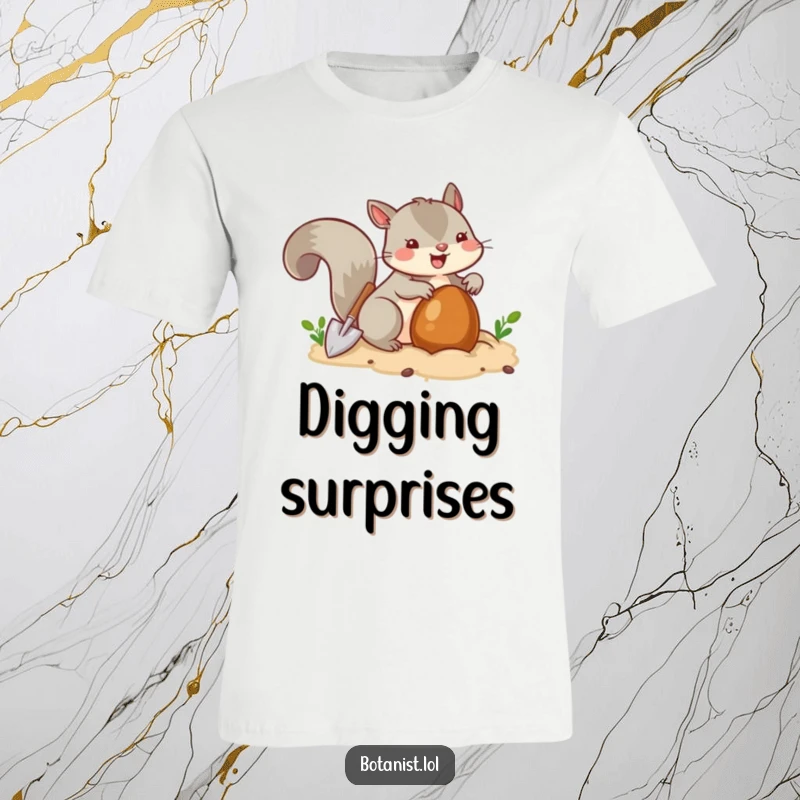 Funny squirrel with a tiny shovel burying a nut, a humorous t-shirt for busy individuals.