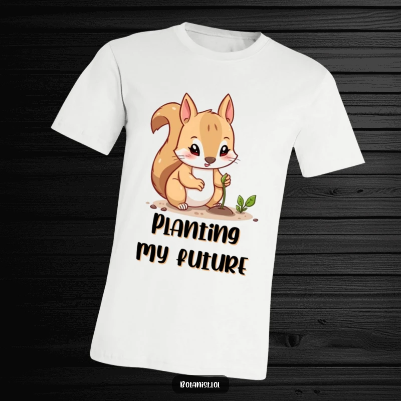 Funny t-shirt depicting a curious squirrel with intense focus, planting a small seed, embodying unwavering determination and the start of something great.