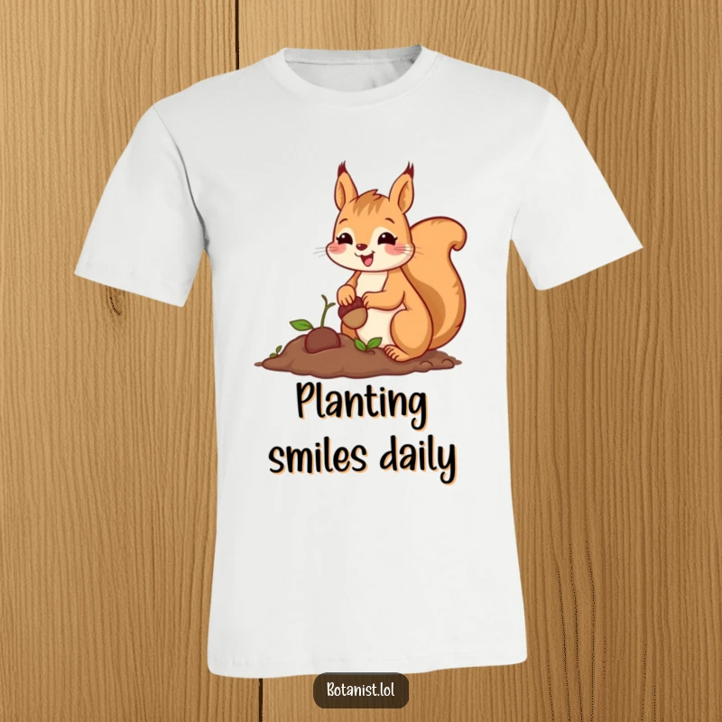 Funny cheerful squirrel t-shirt, proudly planting a tiny acorn with great care, radiating happiness.