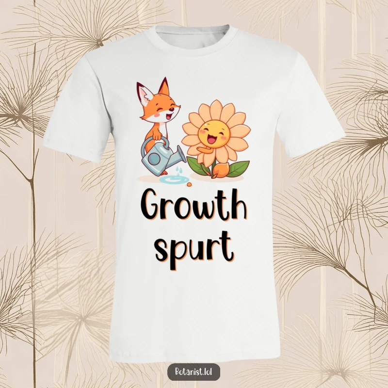 Funny cute fox with a watering can, joyfully tending to a giant, smiling flower on a comfortable t-shirt.