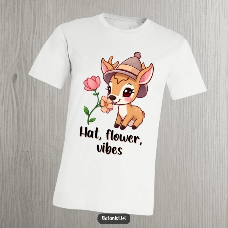 Funny t-shirt graphic of a happy deer in a hat, pausing to sniff a vibrant, freshly bloomed flower with utter contentment.