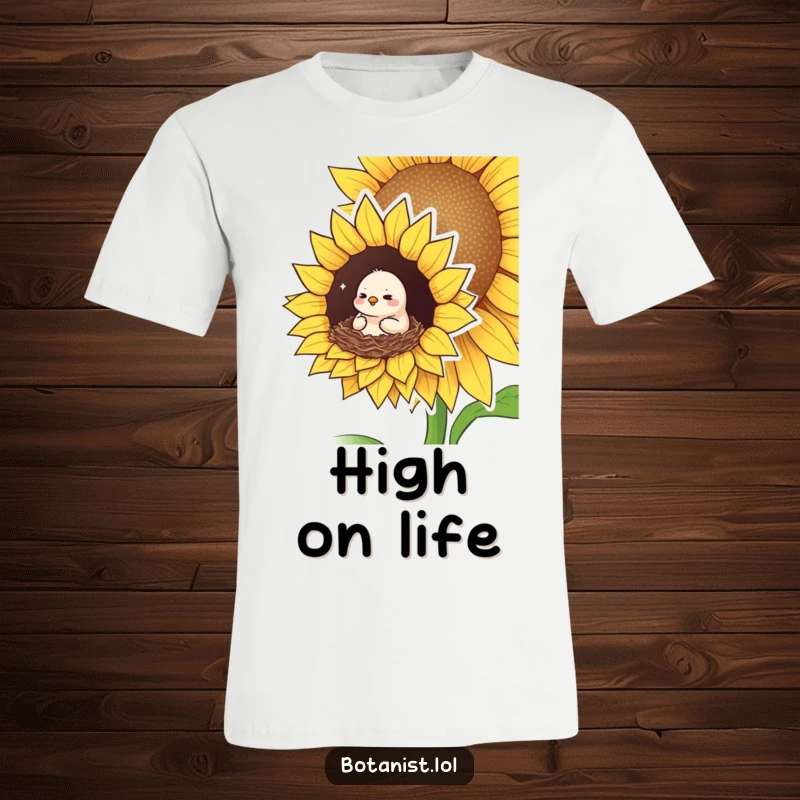 Funny t-shirt featuring a small bird looking pleased and cozy, nesting in a giant sunflower, symbolizing comfort and natural harmony.