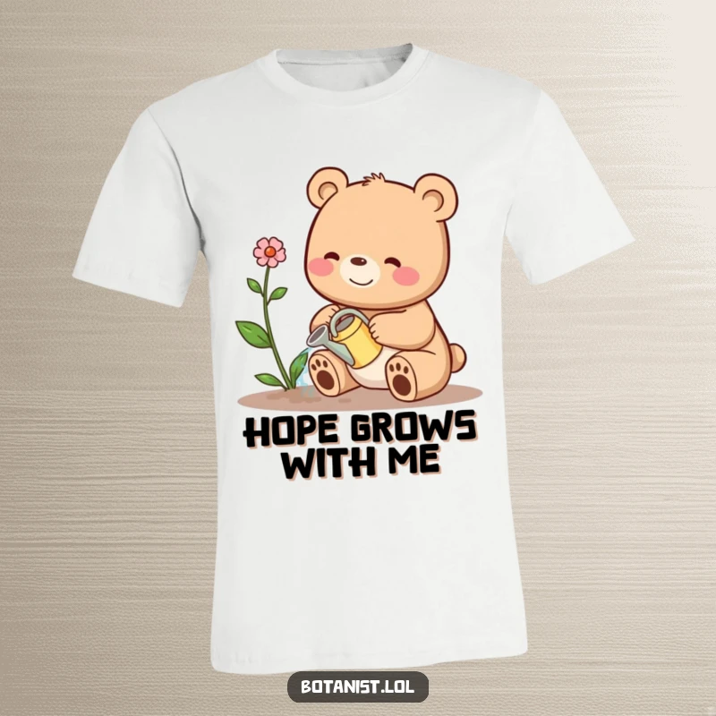 Funny t-shirt featuring a cheerful bear carefully watering a droopy plant with a tiny watering can, a cute funny gift.