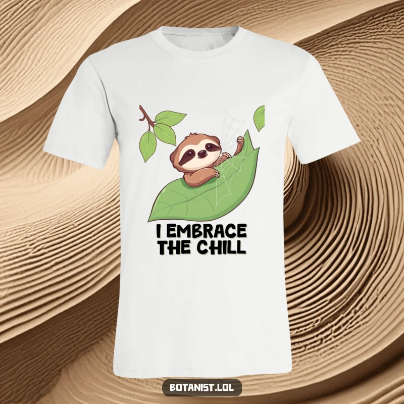 Funny sloth t-shirt featuring a smiling sloth gently touching a dewy spiderweb on a leaf, celebrating nature's quiet beauty.