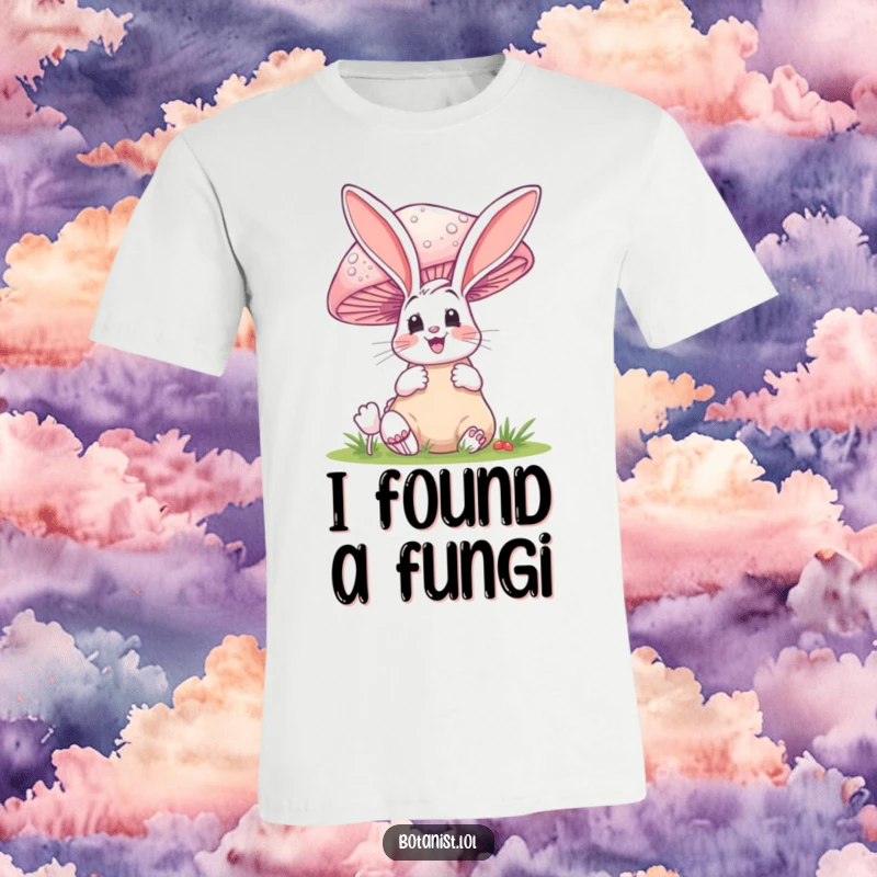 Funny t-shirt of a happy bunny with a delighted gasp looking up at a huge, fantastical mushroom.