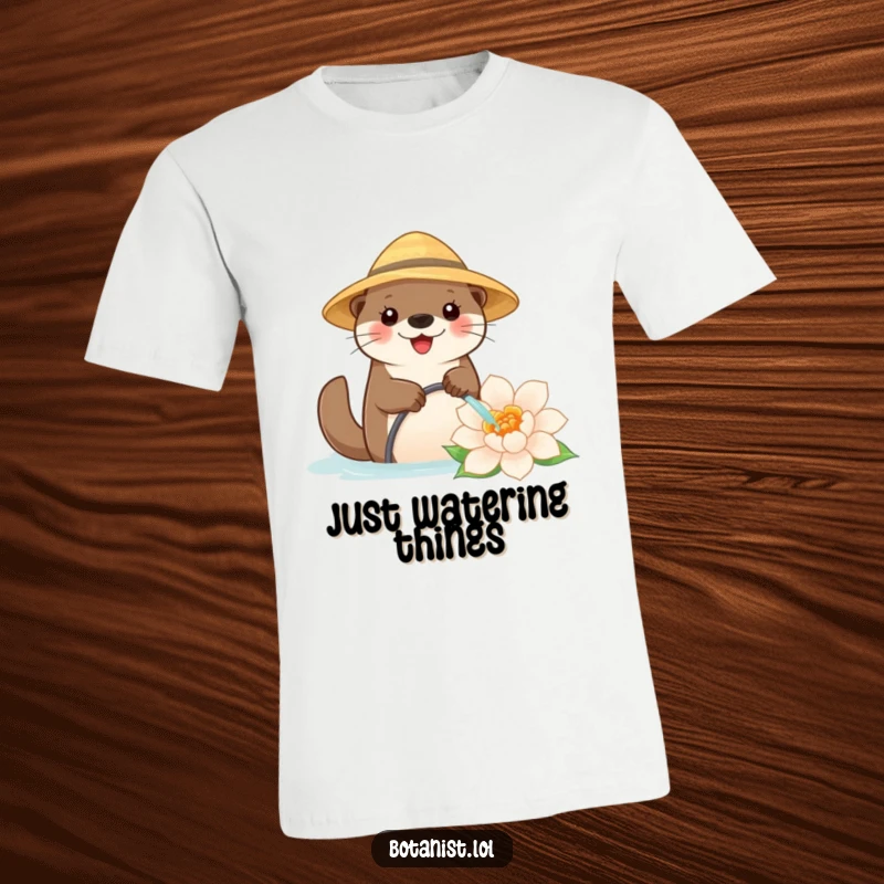 Funny t-shirt with a joyful otter wearing a straw hat, watering a ridiculously large flower, radiating pure gardening happiness.