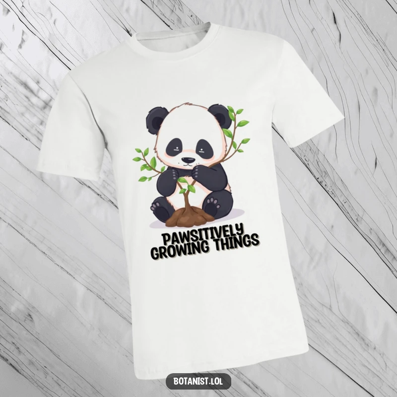 Funny Panda T-Shirt: A dedicated panda diligently repots a miniature tree, showcasing a love for plants and peaceful focus.