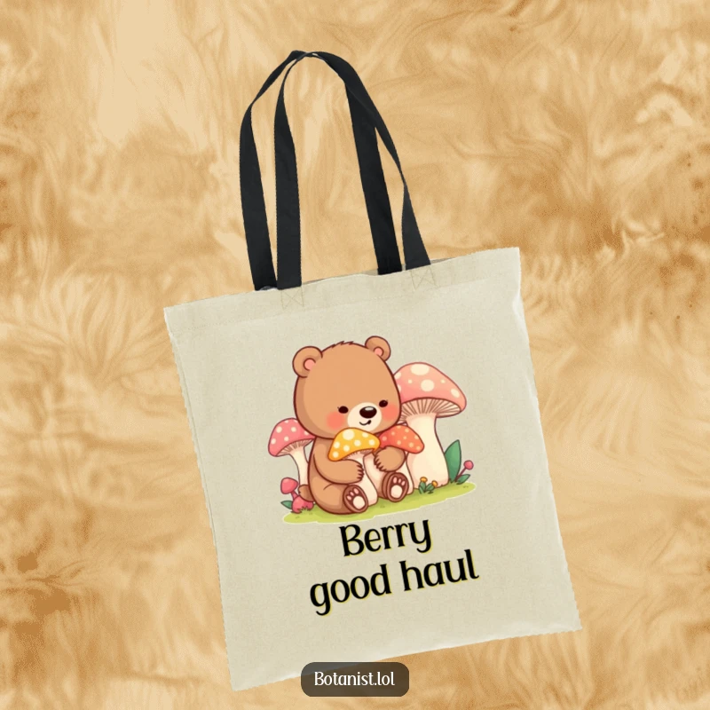 Funny bear cub mushroom tote bag, showing a contented cub caring for oversized mushrooms, ideal for casual use.