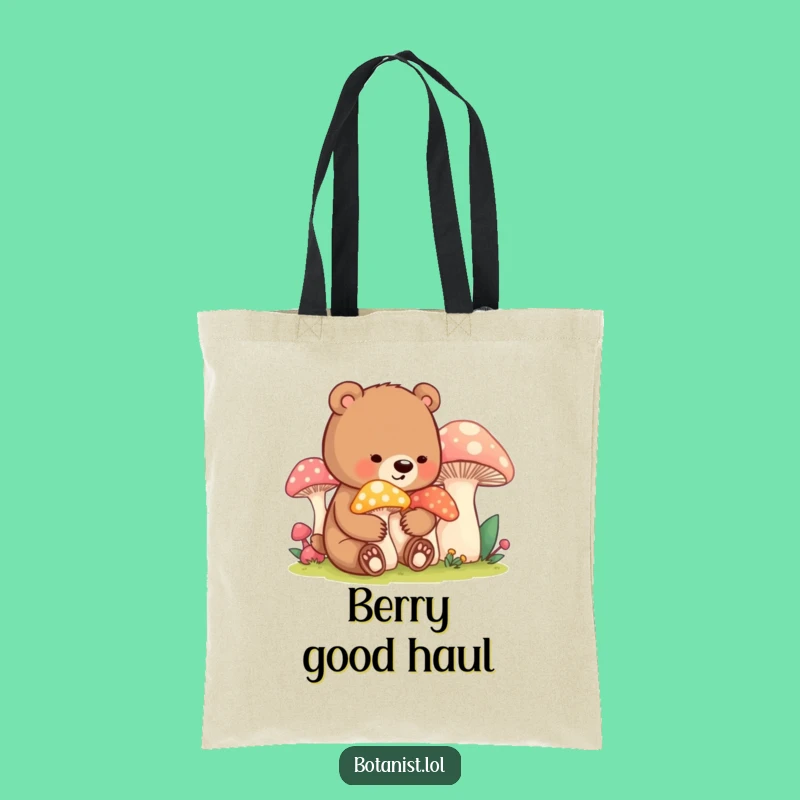 Funny Bear Cub Mushroom Tote Bag: Carry Your Essentials with Forest Whimsy