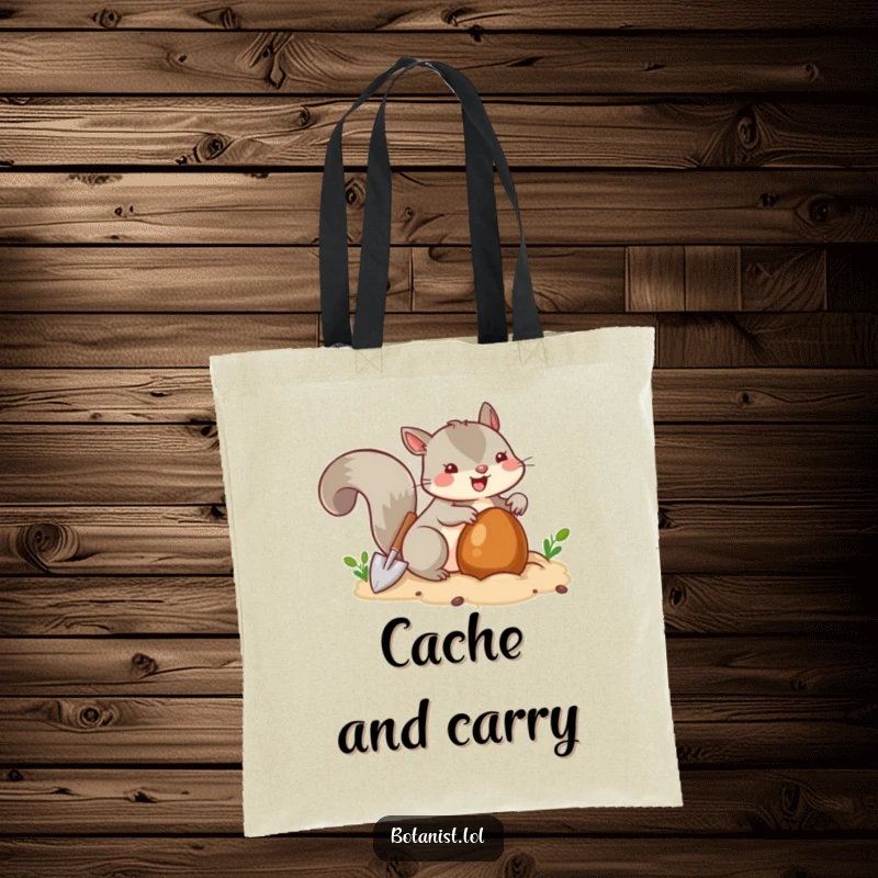 Funny squirrel with a tiny shovel burying a nut, a cute and functional tote bag for essentials.