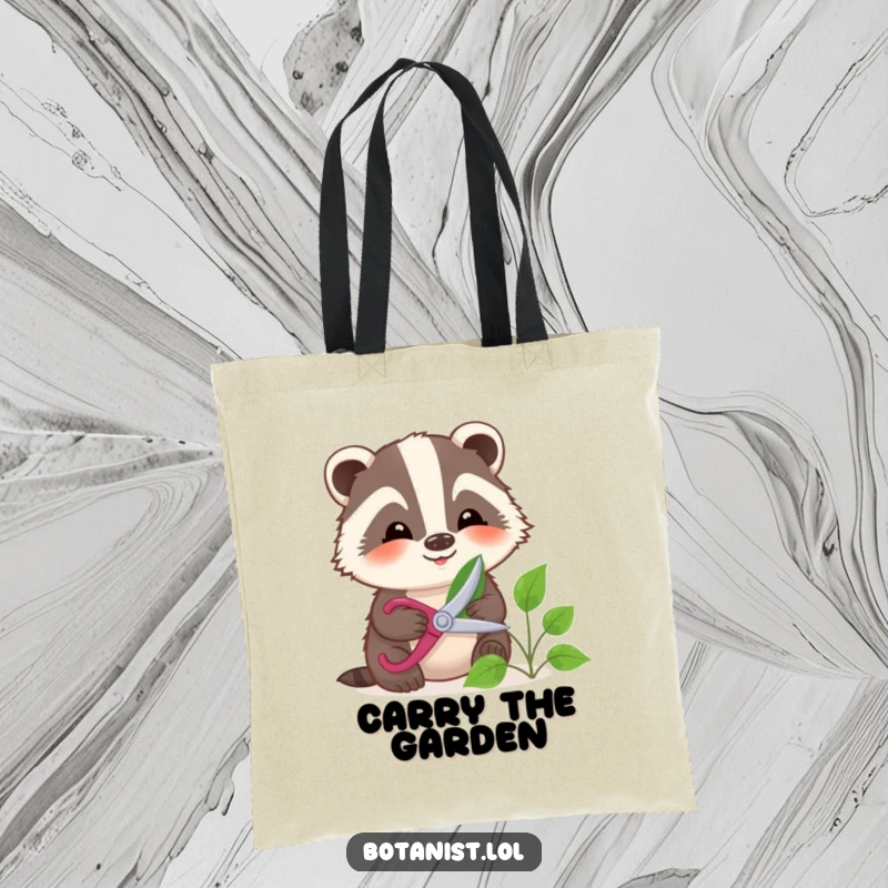 Funny badger with small shears pruning a leaf, a cute and functional tote bag for gardeners.