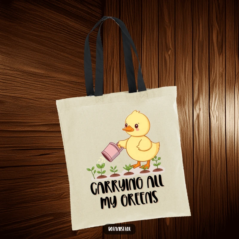 Funny tote bag: A determined duckling waters a miniature garden with a small watering can. A cute and functional funny gift.