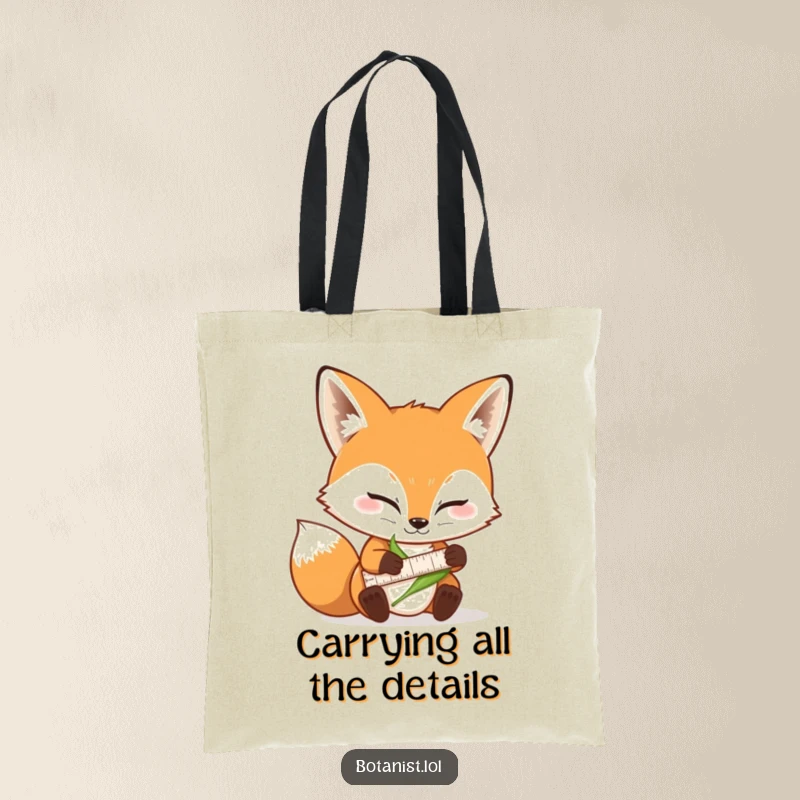 Funny fox tote bag, determined to precisely measure a leaf with a small ruler, showcasing intense concentration.