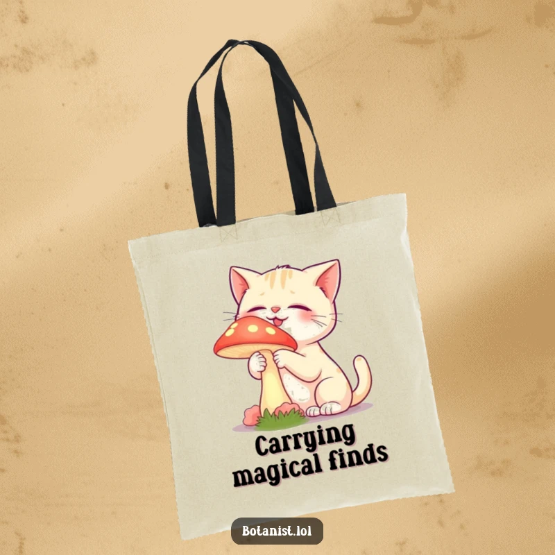 Funny tote bag depicting a giggling cat gently touching a vibrant, glowing mushroom with curiosity.
