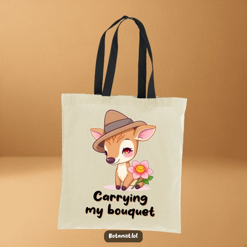 Funny deer wearing a hat, gently sniffing a vibrant flower, captured on this stylish and humorous tote bag.