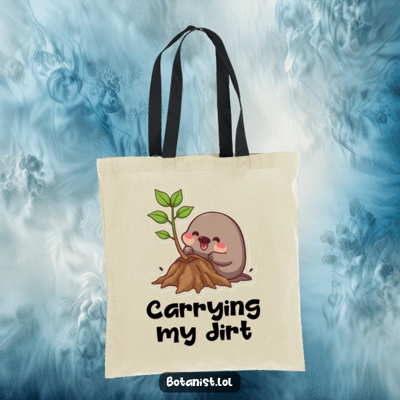 Funny Tote Bag: A happy mole is depicted digging joyfully around plant roots, a cute and functional accessory.