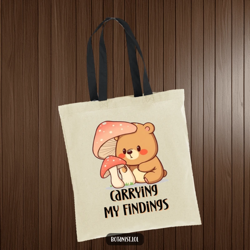 Funny bear showing surprise and curiosity while looking at a giant mushroom, on this stylish and humorous tote bag.